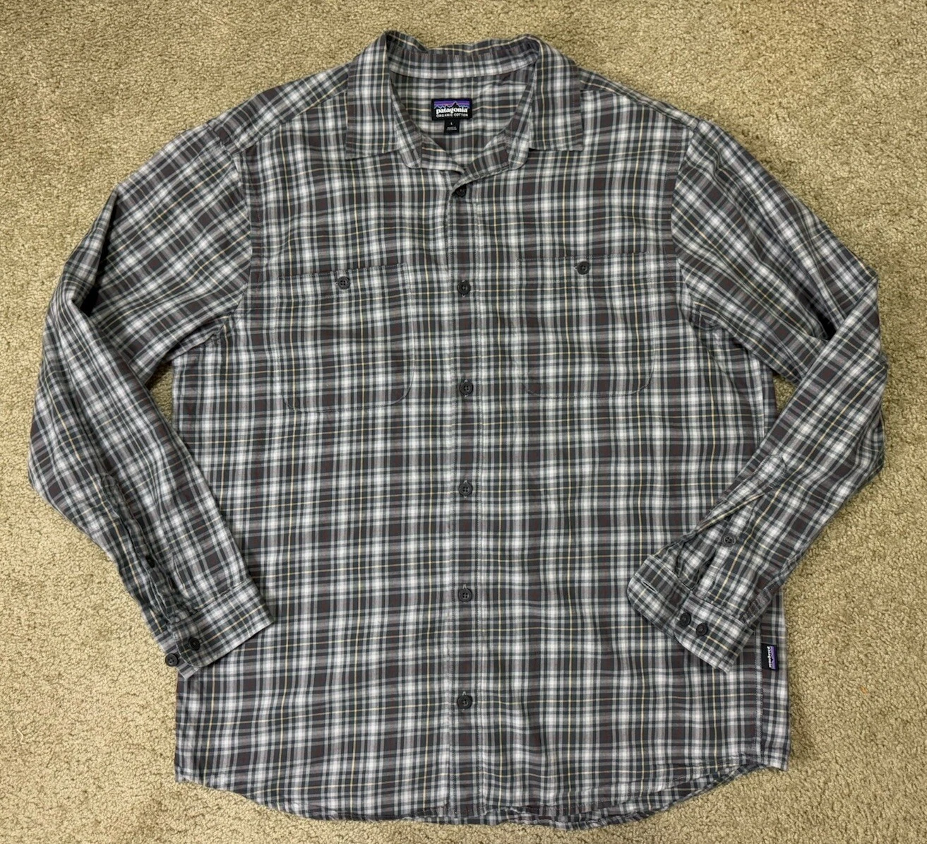PATAGONIA Mens 100% Organic Cotton Flannel Plaid Gray White Long Sleeve LARGE