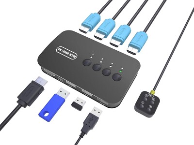 HDMI KVM Switch 4 Port for 4 PCs   USB, 4K@30Hz, with Cables & Controller