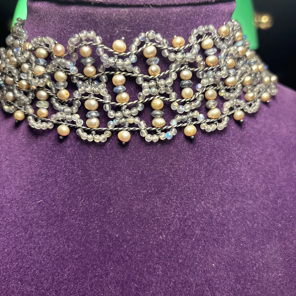 RARO Collar Gargantilla Miguel Ases Piedra Luna Perlas Agua Dulce Plata de Ley Foto 4 de 4