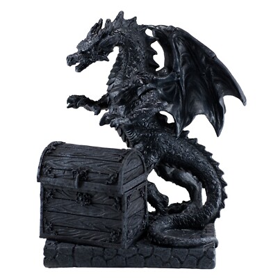 Black Dragon With Opening Treasure Chest Box Figurine Statue 8.5