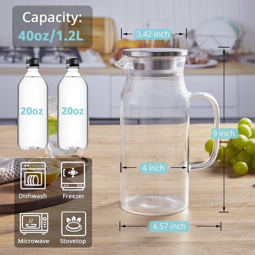 1.2 Liter 40 Oz Glass Pitcher With Lid And Spout Glass Water Pitcher For Fridge - Picture 2 of 7