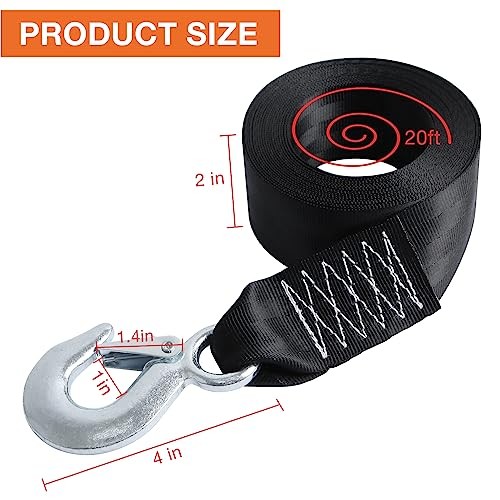 Boat Winch Strap with Safety Snap Hook 2" x 20 Ft for Pontoon/Bass/Fishing 