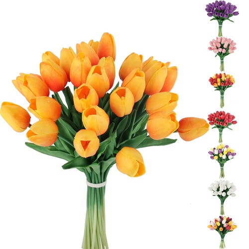 30pcs Artificial Tulips Flowers Fake Latex Tulip Stems - Real Touch Faux Oran...