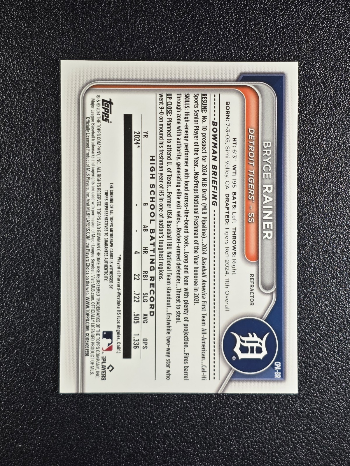 2024 Bowman Chrome 1st #CPA-BR Bryce Rainer Auto Refractor /499 view 2