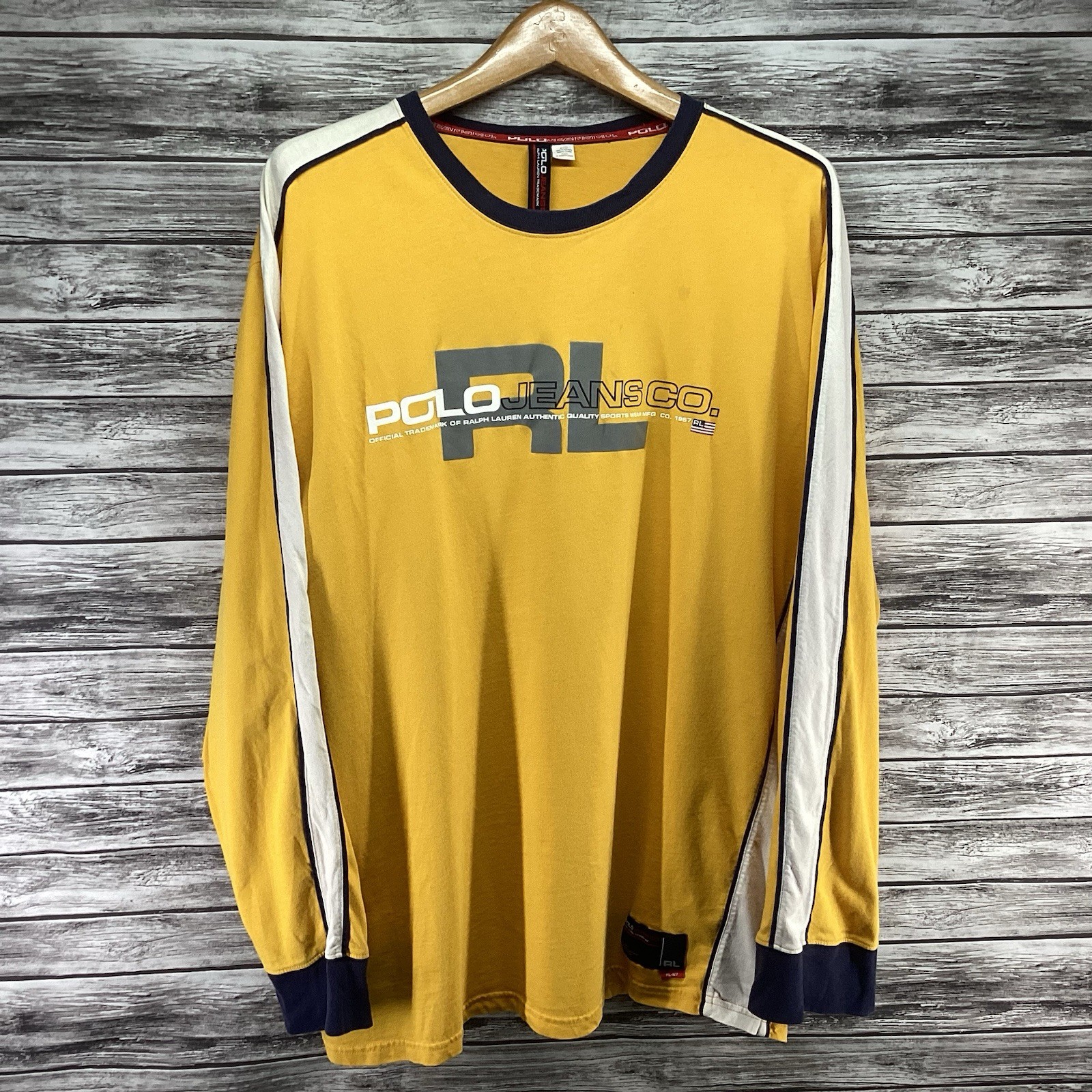 Vintage Polo Jeans Ralph Lauren Shirt Mens XL Yellow Long Sleeve Graphic Tee 90s