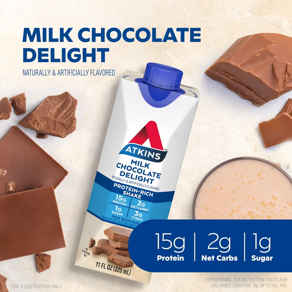 Batido de proteínas Atkins Milk Chocolate Delight, 15 g de proteína, bajo en carbohidratos, ceto, 12 paquetes Foto 2 de 4