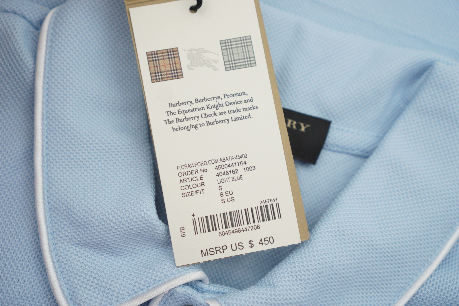Men Burberry Polo Shirt Casual Crawford Pullover Light Blue Size S US38 image 10
