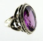 Vintage Unmarked Sterling Silver Large Oval Cut Purple Glass Ring 7g Size 6