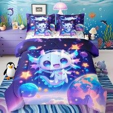 Cute Axolotl Bed in a Bag Kids Cartoon Salamander 7 Piece Bedding Set Twin Si...