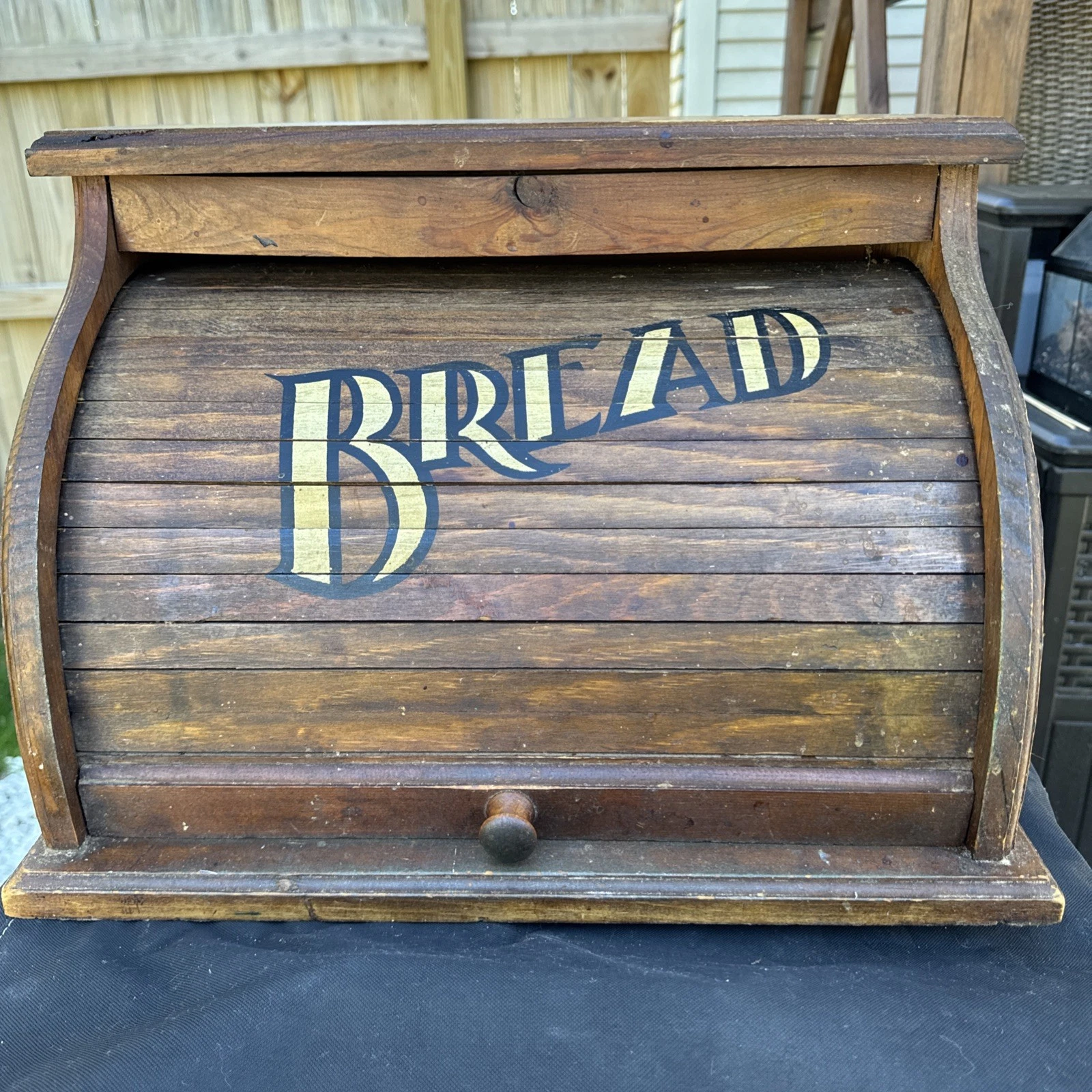 Vintage Wood Bread Box with Roll-Top Lid and 'BREAD' Lettering