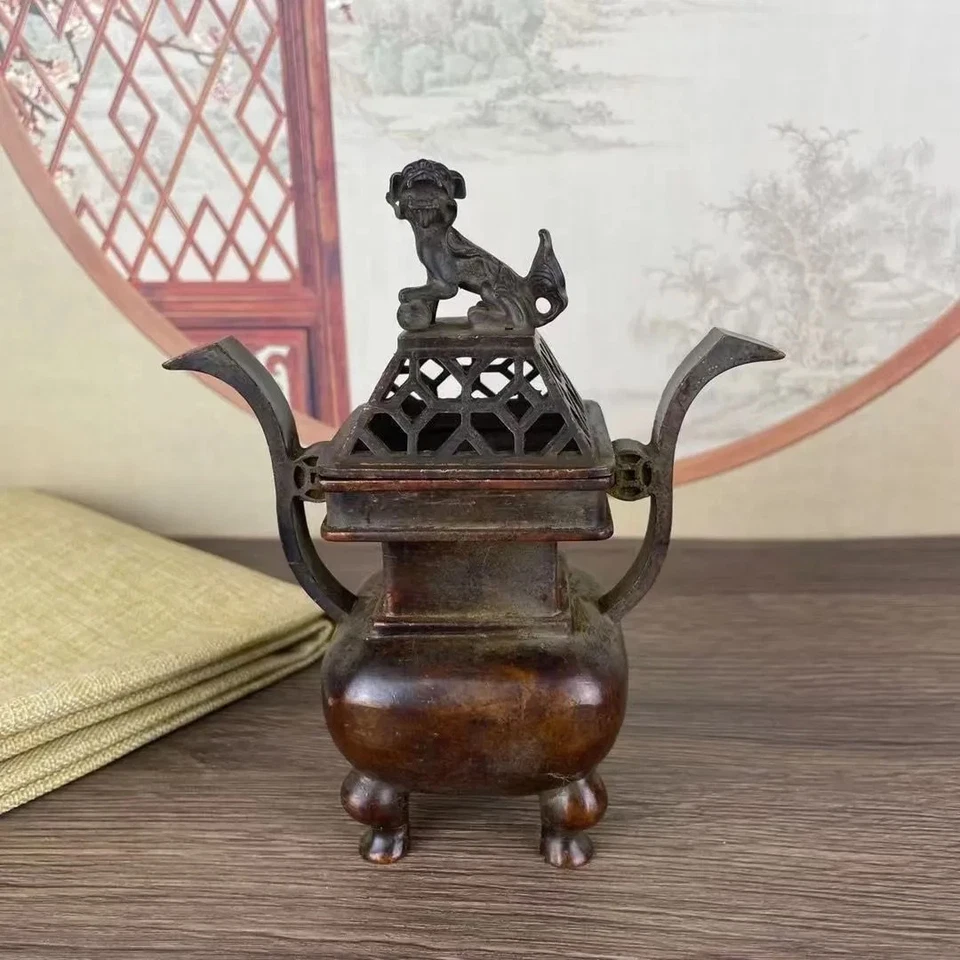 Quemador de incienso zen vintage antiguo de China colección de aleación de cobre 麒麟 tapa hogar Foto 2 de 4