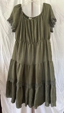 Indigo Rose Women's Olive Green Tired Dress Crochet Detail Boho Cottage Size 1X