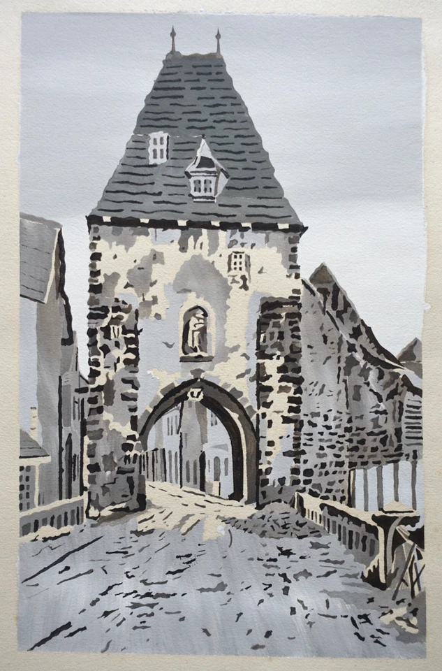 Gouache sur papier originale à décor d'une porte médiévale Alsace XXème - Photo 2/4