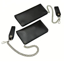 Black Leather Trucker Wallet - Heavy-Duty Snap, Zipper, Card Slots