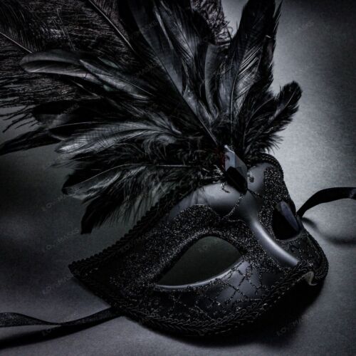 Venetian Black Masquerade Mask Show Girl Ostrich Top Feather Mardi Gras EyeMask - Picture 3 of 4
