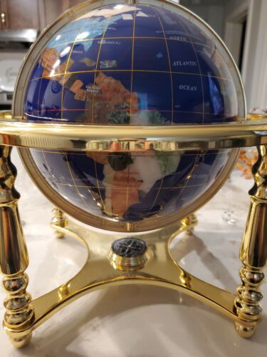 14" Black ocean Silver 3 leg table stand Gem MOP Gemstone World MAP globe 