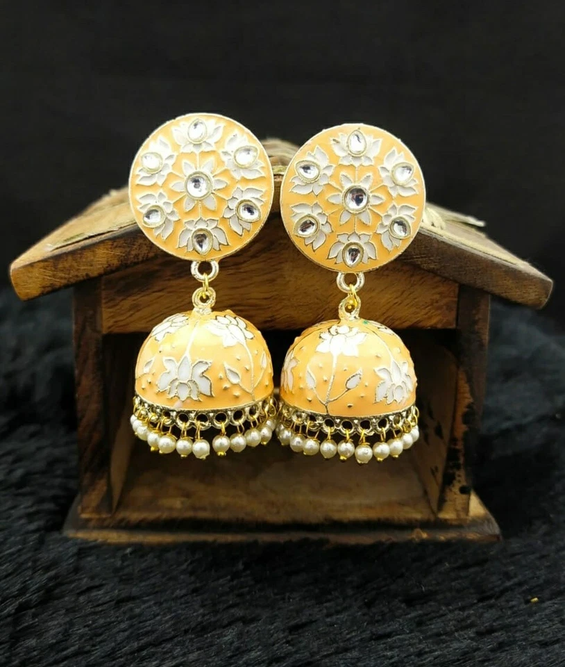 Joyería india Meenakari chapada en oro estilo Bollywood Kundan Perla Jhumka Pendiente Foto 4 de 4
