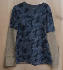 Jumping Beans Boys' Size 8 Dinosaur Blue Camo Layered Look Long Sleeve Shirt Tee