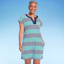 Lands End Women's Striped Cap Sleeve Swimsuit Cover Up - Green/Blue SMALL - NEW