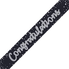 Congratulations Foil Banner Black Silver Sparkly Holograph Party Decoration 2.6m