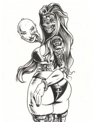 Cyborg Babe-Creepy-OOAK Ink Drawing-Original Art-Sci-Fi Art-Character Art