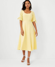NEW ANN TAYLOR $149 YELLOW LINEN BLEND TIE SLEEVE SCOOP NECK FLARE DRESS SZ 6