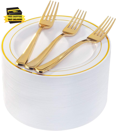 72 Pcs Gold Dessert Plates 7.5" with 72 Pcs Forks 7.5", Disposable Cake Plates,F