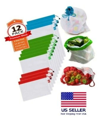 12 Premium Reusable Mesh Produce Bags, Eco Friendly w/ Tare Weight on Tags