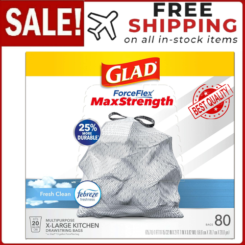 Glad Forceflexplus Kitchen Drawstring Trash Bags, 20 Gallon Grey X-Large