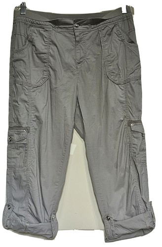 Laura Ashley Gray Cargo Pants Sz 12P Rhinestone Buttons Stretch Waist Cuffed Leg