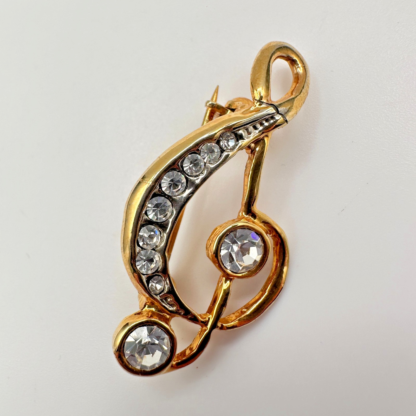 Vintage Y2K Gold Tone Treble Clef Brooch Pin Clear Rhinestone Women's Jewelry