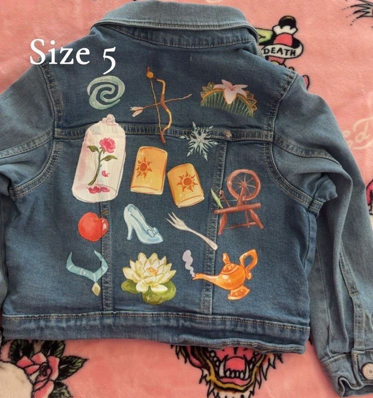 Girls Blue Denim Jacket Graphic Print Button Front Long Sleeve Short Size 5