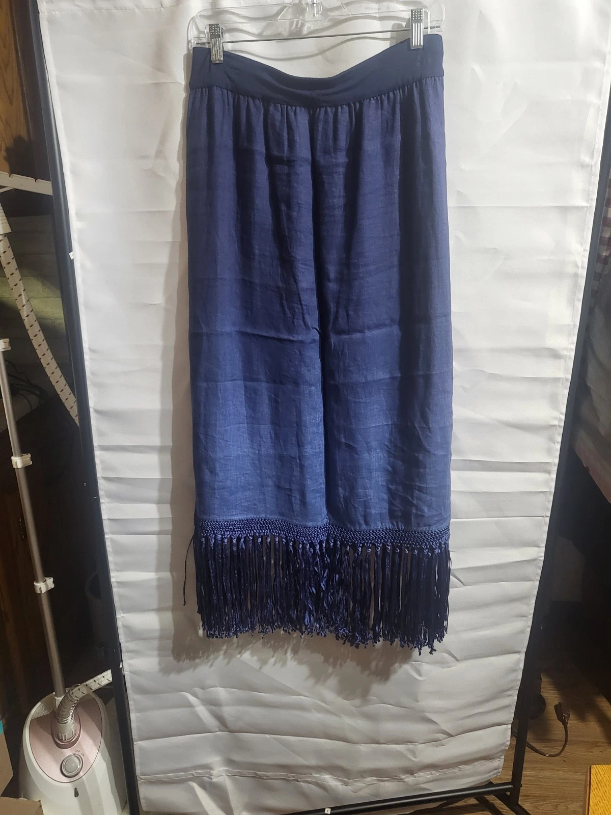 Chico's Maxi Skirt 100% Linen 1, Fringe Tassel Hem Never Worn Navy Summer Beach