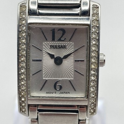 Pulsar Womens Tank Watch 18mm Silver Tone Crystals 1N00-X265 New Battery 6.5''