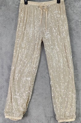 Mainstrip Pants Womens Large Gold Sequin Joggers Drawstring Glam Tapered Pull On