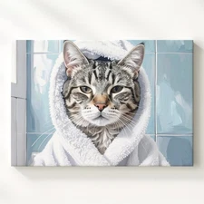 Pampered Tabby Cat In Spa Robe Canvas Feline Self-Care In Soft Blue Bathroom
