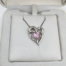 New Sterling Silver and Pink CZ Stone Double Heart Pendant Necklace