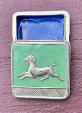 Vintage MCM Silver Metal & Green Enamel Pill Box Ram Relief 2" Snuff Unique