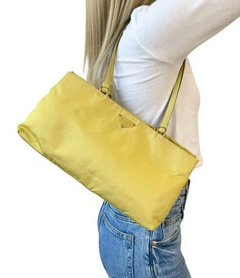 PRADA Vintage Triangle Logo Tessuto Nylon Shoulder Bag Leather Yellow Gold