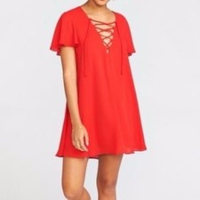 Show Me Your Mumu Kylie Lace Up Dress Women Medium Red Solid Flutter Sleeve Mini