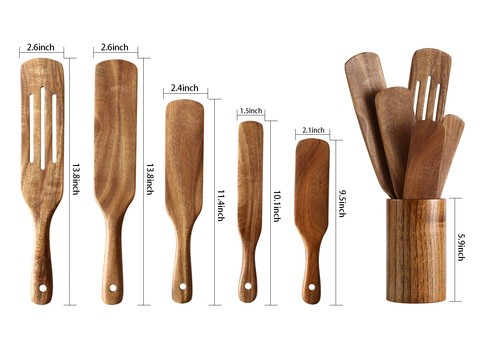 Holzspurtles Set mit Halter, Natur Teak Küchenutensilien 6er Set, Wärme... - Bild 2 von 7