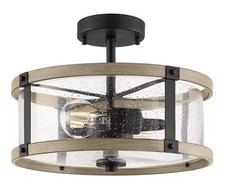 Hampton Bay Richland 2-Light Grey Wood Semi Flush Mount Clear Seedy Glass
