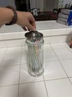 Old-Fashioned Straw Holder / Dispenser, Thick Glass Jar w/ Metal Lid & Mechanism — photo 10