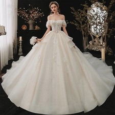 Vestido de Noiva Off The Shoulder Lace Up Back Short Sleeve ShinyBeading Crystal