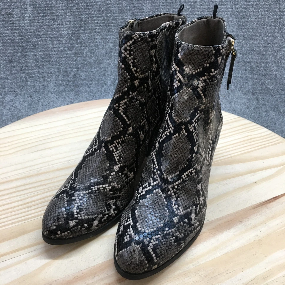 Botas Old Navy para mujer 10 estampado de serpiente cremallera lateral botín al tobillo negro gris tacones Foto 3 de 4