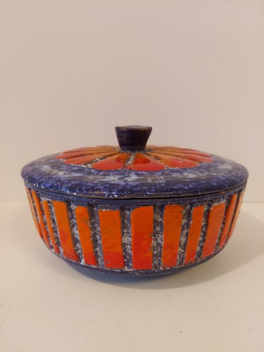 Vintage Bitossi Style Italy MCM Handmade Ceramic Blue And Orange Lidded Dish - Picture 5 of 15