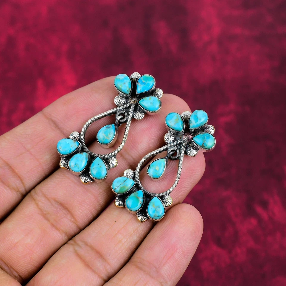 Ювелирные изделия серьги ручной работы из серебра 925 пробы с тибетской бирюзой и драгоценными камнями - Изображение 2 из 4