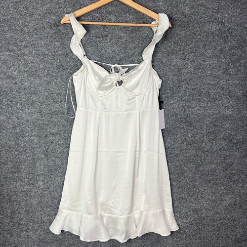 NWT ASTR The Label Marla White Ruffle Tie Front Satin Mini Dress Size Medium - Picture 2 of 10