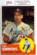 Curt Simmons signed 1963 Topps Card #22- JSA #LL60314 (On Card Auto)