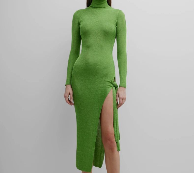 high slit turtleneck dress Adriana Iglesias Juna Metallic Twisted-Slit Knit Dress, Green, Women's, 2, Casual & Work Dresses Knit Dresses mfgstyle_SALT1753